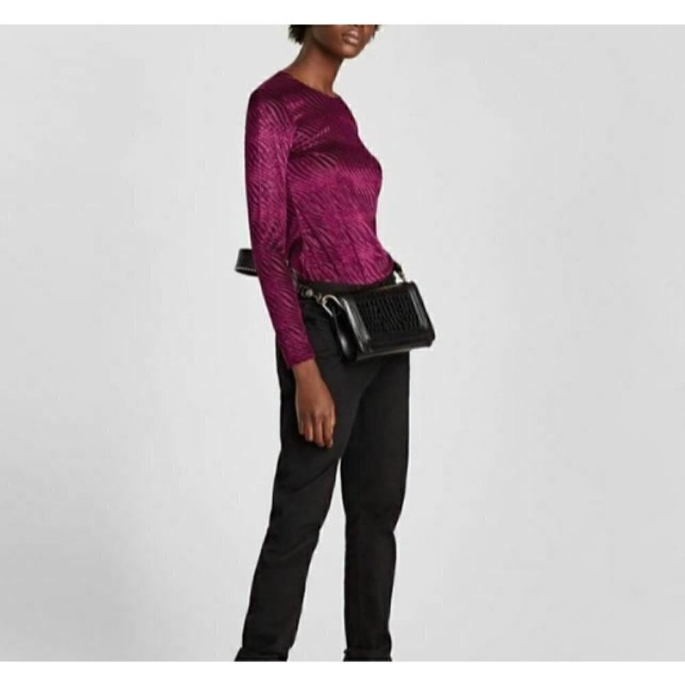 Zara Womens Small Mesh Velvet Swirl Print Top Long Sleeves Purple Boho Small
